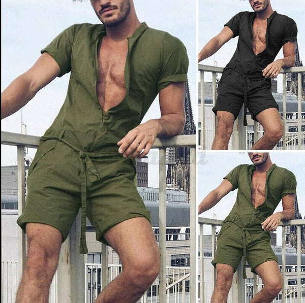 Men's Plain Short-sleeved Bodysuit In Solid Color Without Hood